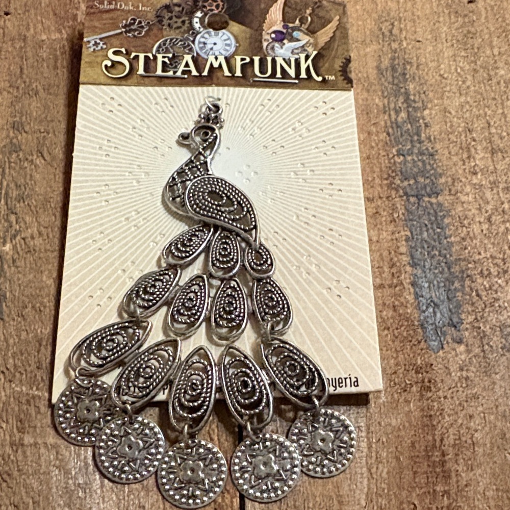 Steampunk Silver Tone Peacock Pendant